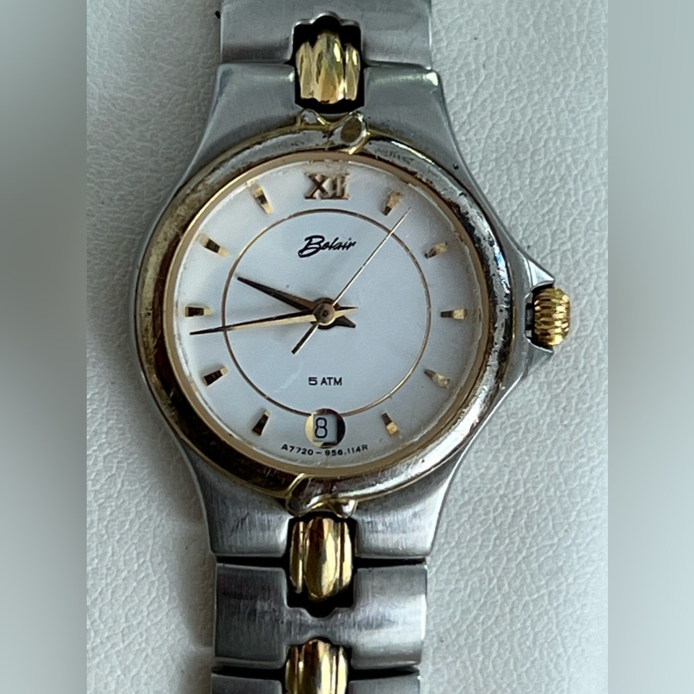 Belair Ladies Watch Rare Vintage Two-Tone Bracelet White Dial Date Window
